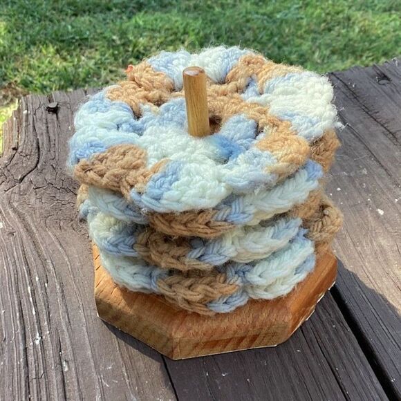 Vintage Handmade Crochet Coasters Set with Wooden Holder Blue & Tan Retro Decor - Picture 1 of 4